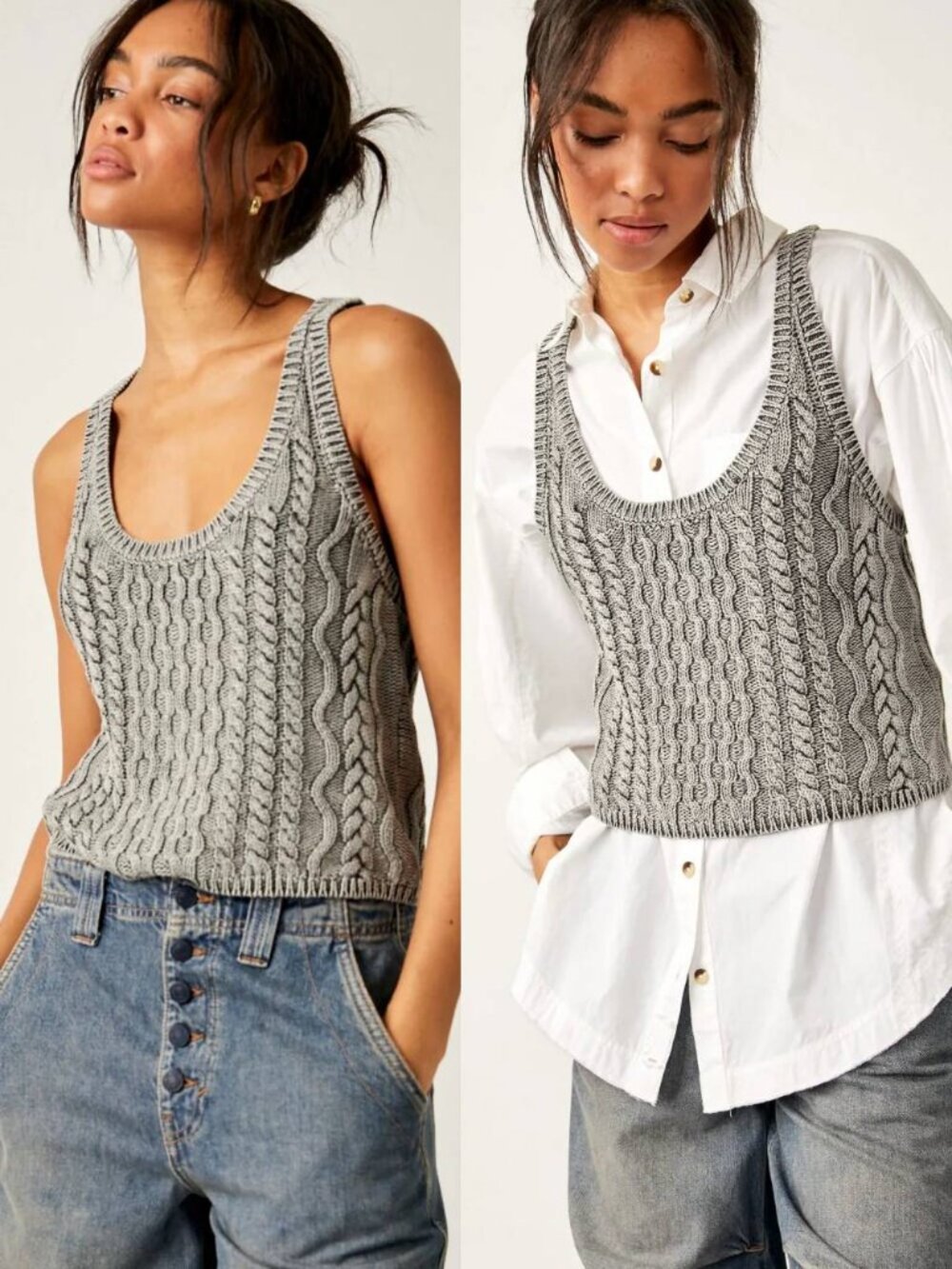 DON'T BUY Free People High Tide Cable Knit Sweater Tank Top Grey Wash